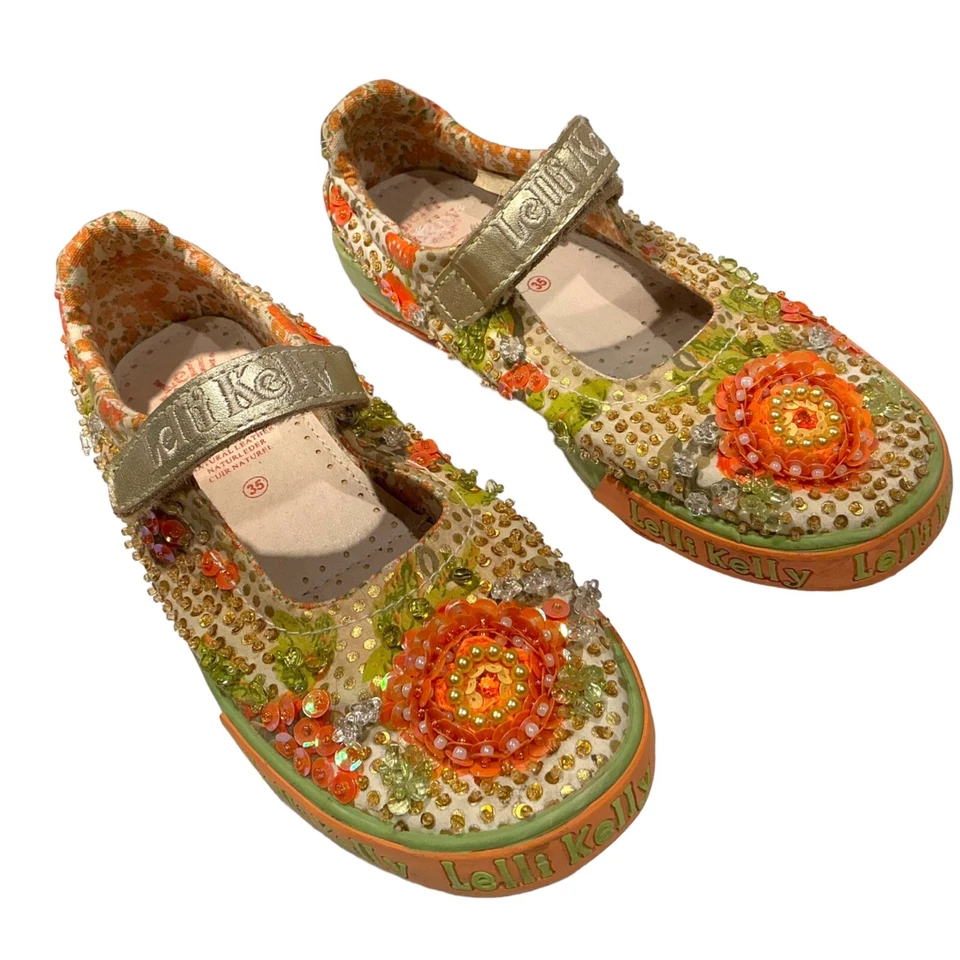 Sapatos femininos Lelli Kelly Boutique alça frisada Mary Janes 35 laranja verde floral - Imagem 1 de 4