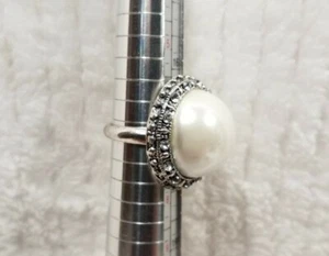 Vintage Style Faux White Pearl with Rhinestone Surround Ring. Cocktail Ring. - Picture 1 of 7