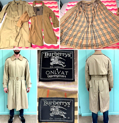 Vintage BURBERRY 42 lungo kaki beige cintura trench cappotto soprabito lana fodera collo