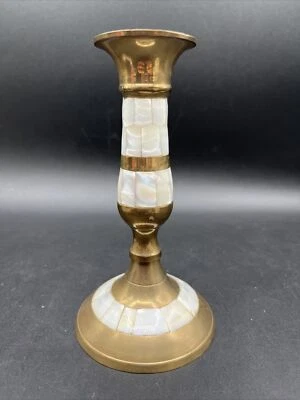 Candle Holder Brass Mother of Pearl Inlay  3"Wide 6"High - Image 1 of 4