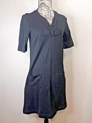 Laura Ashley Dress Sz 8 Black Retro V-neck Short Sleeve Heavy Cotton Pockets Bow - Image 1 of 4