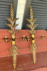 Vintage Large Pair of Tole Metal Wall Candle Sconces Marked Italy 32x12x5 - Picture 1 of 11