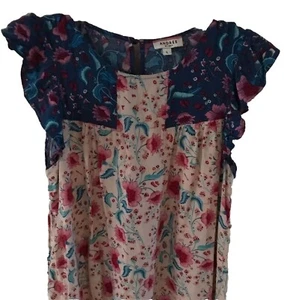 Andree By Unit Floral Print Top Ruffle Sleeve Blouse Casual Blue Pink M - Picture 1 of 3