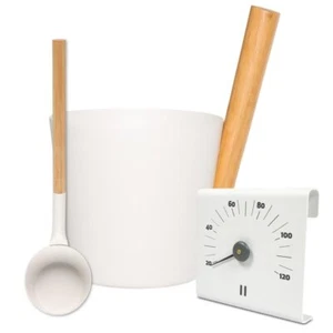 SET Sauna Eimer Kelle Thermometer aluminium WEISS Rento Aufgusseimer Aufguss - Bild 1 von 10