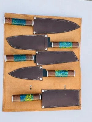 CUSTOM DAMASCUS STEEL 5 PCS forged  CHEF KNIFE SET WITH LEATHER ROLL BAG - Image 1 of 3