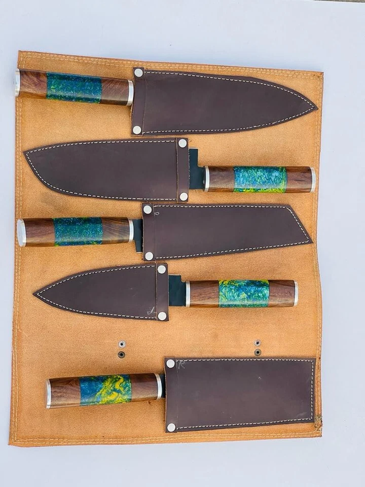 CUSTOM DAMASCUS STEEL 5 PCS forged  CHEF KNIFE SET WITH LEATHER ROLL BAG - Image 1 of 3