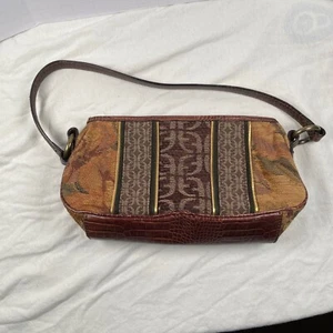 fossil vintage tapestry shoulder bag brown faux croc trim y2k handbag 11x6 - Picture 1 of 9