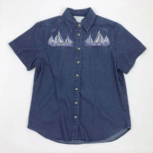 Van Heusen Damen blau Denim Kurzarm Hemd bestickt Segelboote Gr. M - Bild 1 von 5