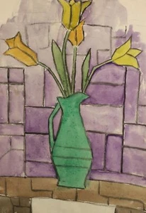 Vintage cubist watercolor painting flowers still life - Picture 1 of 11
