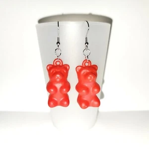 Red Gummy Bear Novelty Earrings 2.5" Hypoallergenic Ear Wires - Picture 1 of 4