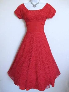 Vintage 50s Valentine Red Lace Party Dress XXS Full Skirt Bustle Back Wasp Waist - Picture 1 of 12