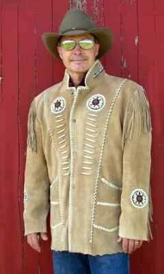 Men's Native Western American Suede Leather Jacket With Fringe & Beads Bone Coat - Image 1 of 3