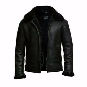 Men's Aviator RAF B3 Bomber Black Fur Shearling Sheepskin Genuine Leather Jacket - Picture 1 of 2