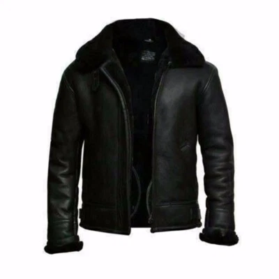 Men's Aviator RAF B3 Bomber Black Fur Shearling Sheepskin Genuine Leather Jacket - Image 1 of 2