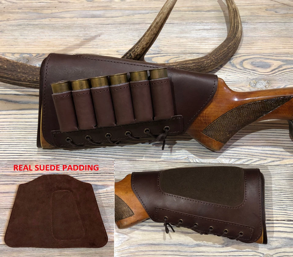 Leather Shotgun Shell Cartridge Buttstock Holder Cheek Rest Padded - 12 & 20 ga - Image 1 of 4