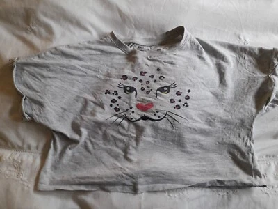 M&Co Girl T-shirt Summer Loose Grey 7-8 Years Cat Face Print - Image 1 of 4