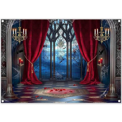 7x5ft Fabric Halloween Vampire Medieval Castle Backdrop Gothic Window Red Cur... - Image 1 of 4