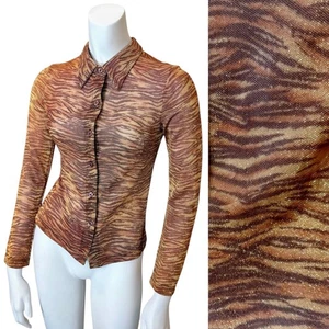 Vintage 90’s GLITTER MESH TIGER STRIPE TOP S Collar Button Slim Grunge Festival - Picture 1 of 5