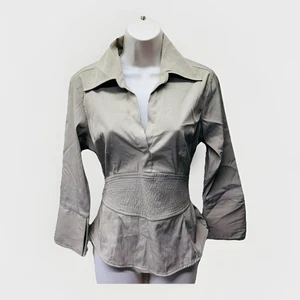 VTG‼ Y2K 2000s VOICE S S Tan V-Neck Collar Long Slit Sleeve Tie-Back Blouse •VG‼ - Picture 1 of 12