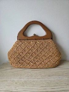 Vintage 60er 70er Raffia Holzgriff Clutch Handtasche Mod Boho Vinyl innen - Bild 1 von 15
