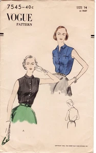 32" Vintage 1950s Fitted Sleeveless Blouse Shirt Sewing Pattern Vogue 7545 - Picture 1 of 3