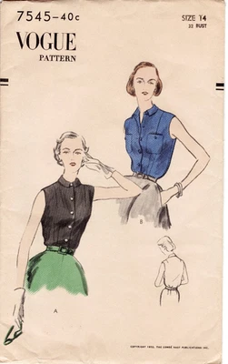 32" Vintage 1950s Fitted Sleeveless Blouse Shirt Sewing Pattern Vogue 7545 - Image 1 of 3