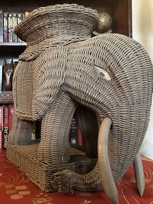 Винтажный ротанг плетеный слон растение стойка конец стола деревянный бивень тропический богемное - Изображение 1 из 4