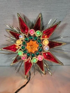 Vtg Jewel Star Christmas Tree Topper Multicolor 10 Lights Red Outer Jewels 8.5" - Picture 1 of 6