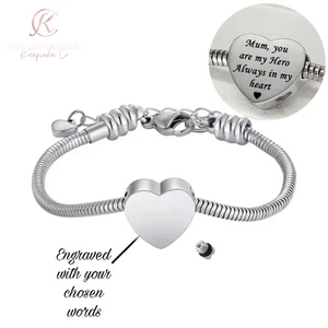 Engraved Silver or Gold Ashes Heart Urn Charm & Charm Bracelet - Personalised - Picture 1 of 7