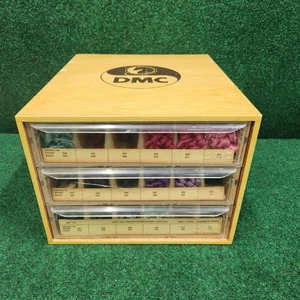 Vtg DMC Thread Floss Wooden Wood 3 Drawer Box Embroidery Storage W/ Dividers (B) - Picture 1 of 8