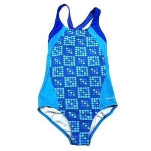 SPEEDO Girls Blue & Green Polka Dot Racerback One-Piece Swimsuit Sz 14 - Picture 1 of 5