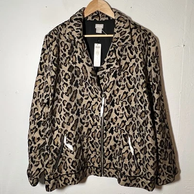 Chicos Moto Jacket leopard print jacquard lined leather trim sz (4) 20/22 - Image 1 of 4