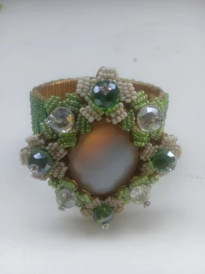 Stanley Hagler Green/ Runway Beaded Cuff Bracelet/ Beaded Frame Emerald &clear - Image 1 of 4