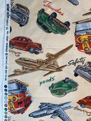 Fabric - OOP Michael Miller Vintage Retro Transportation Way To Go 49” L x 42” W - Image 1 of 4