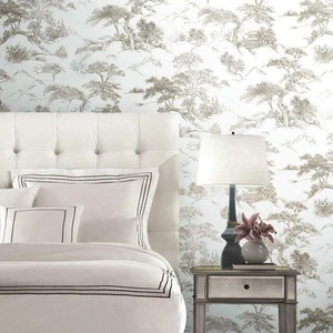 RMK11755RL Brown and White Oriental Toile Peel and Stick Wallpaper - Picture 1 of 9