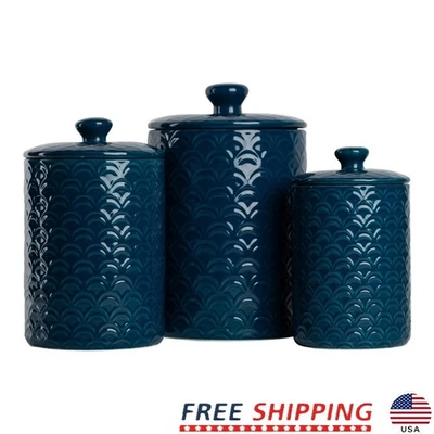 Embossed Ceramic Canister Set Kitchen Storage Jars Flour Sugar Coffee Tea New - Image 1 of 4