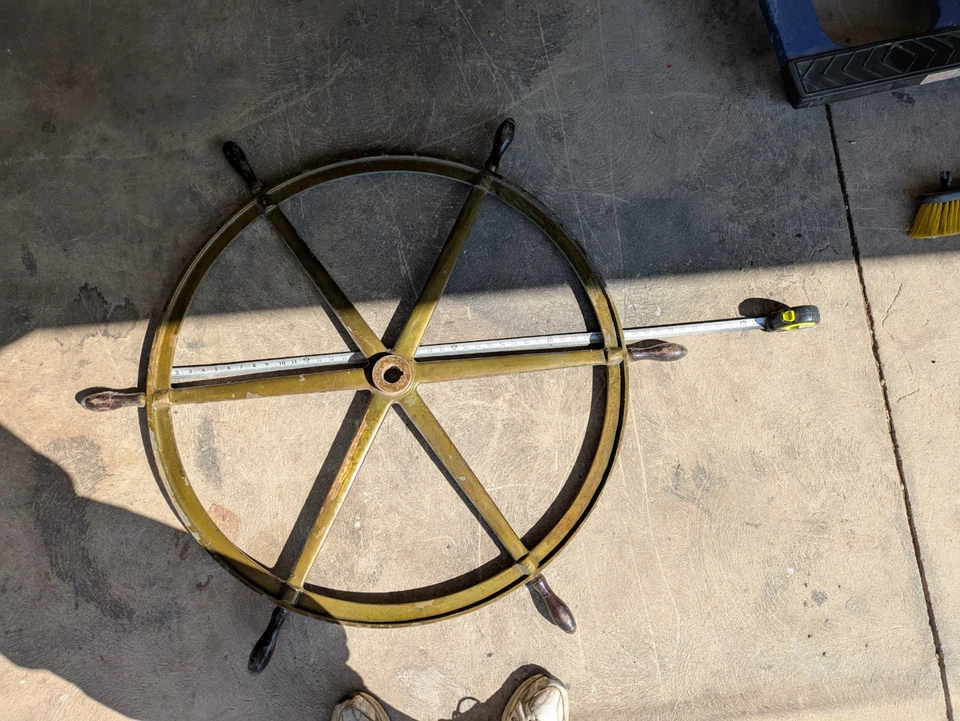 Ship Wheel 36" Dia.  Brass colored with wood handles. Good condition - Image 1 of 1