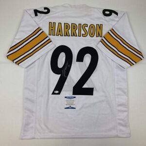 Autographed/Signed JAMES HARRISON Pittsburgh White Football Jersey Beckett COA