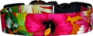Lime Yellow Pink Hawaiian Hibiscus Flowers Custom Handmade Dog Collar - Picture 1 of 2