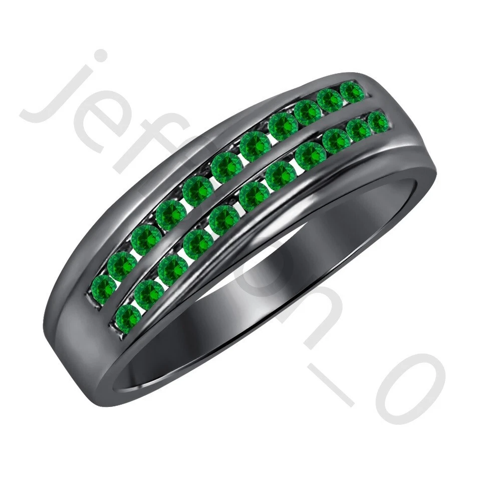 Anillo de boda de oro negro de 14 quilates con esmeralda creada en laboratorio de 0,90 quilates sobre dos filas para hombre Foto 1 de 4