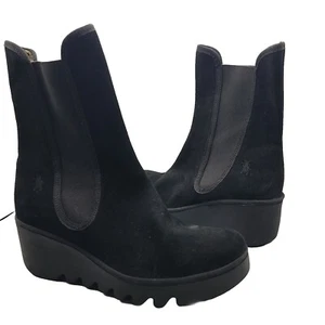 Fly London Women Boots Byro Black Suede Chelsea Wedge Heel Pull On Sz 9 40 New - Picture 1 of 11
