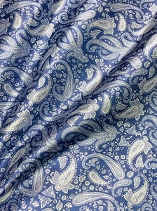 Paisley Print NON-STATIC Viscose Satin Feel Material Fabric BTY -Blue & Ivory - Picture 1 of 7
