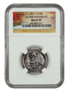 2017-D 25C Ozark Riverways NP NGC MS67PL - Type 1 - Clad - Picture 1 of 2