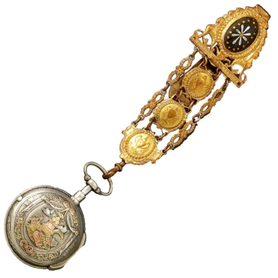 Antique Silver & Gold Case Verge Fusee Pocket Watch C1780s W/Matching Chatelaine - Image 1 of 4