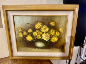 Hermoso ramo de rosas amarillas original de lienzo de bodegón firmado vintage - Imagen 1 de 6