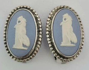 Pendientes de clip camafeo vintage JW Wedgwood de plata esterlina azul y blanco - Imagen 1 de 8