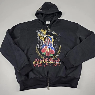 Christian Audigier Sudadera con Capucha Para Hombres XL Negra Cremallera Completa Ciudad de Ángeles Gráfico LA Foto 1 de 4
