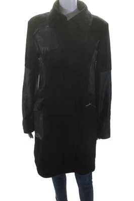 Nicole Miller Womens Black Wool Leather Trim Full Zip Lined Long Coat Size 12 - Image 1 of 4