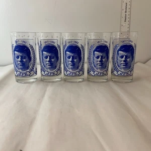 Vintage 1960s JFK Memorial Glass Set of 5 1917-1963 Blue Portrait “Ask Not” - Picture 1 of 6
