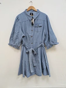 Boohoo Size 24 Plus Denim Light Wash Tie Belt Skater Dress - Picture 1 of 2
